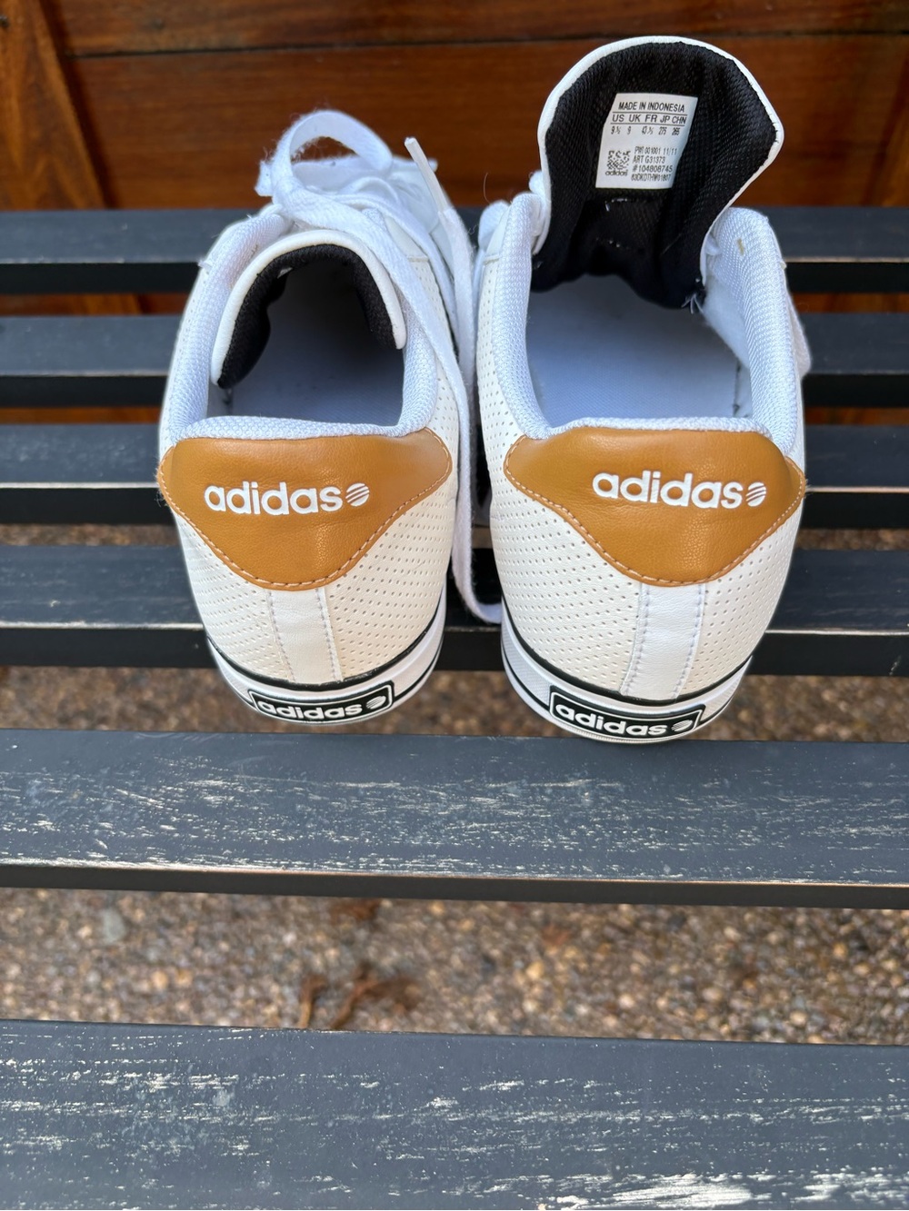 adidas White Sneakers with Tan Heel Patch